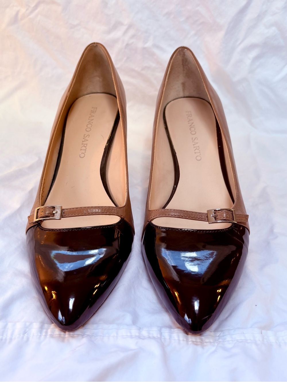 Franco Sarto Two-Tone Brown and Black Pointed-Toe Pumps - Picture 2 of 11